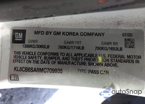 2021 Chevrolet Spark Fwd Ls Automatic из США, поврежденный, VIN KL8CB6SA8MC709935